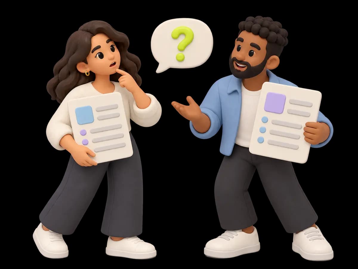 Two colleagues hold competing versions of the same document, with a small confused conversation bubble between them.