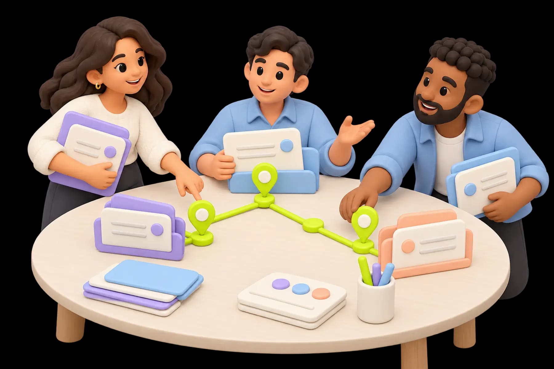 A diverse team coordinates several client engagement folders around shared milestone markers on a calm studio table.