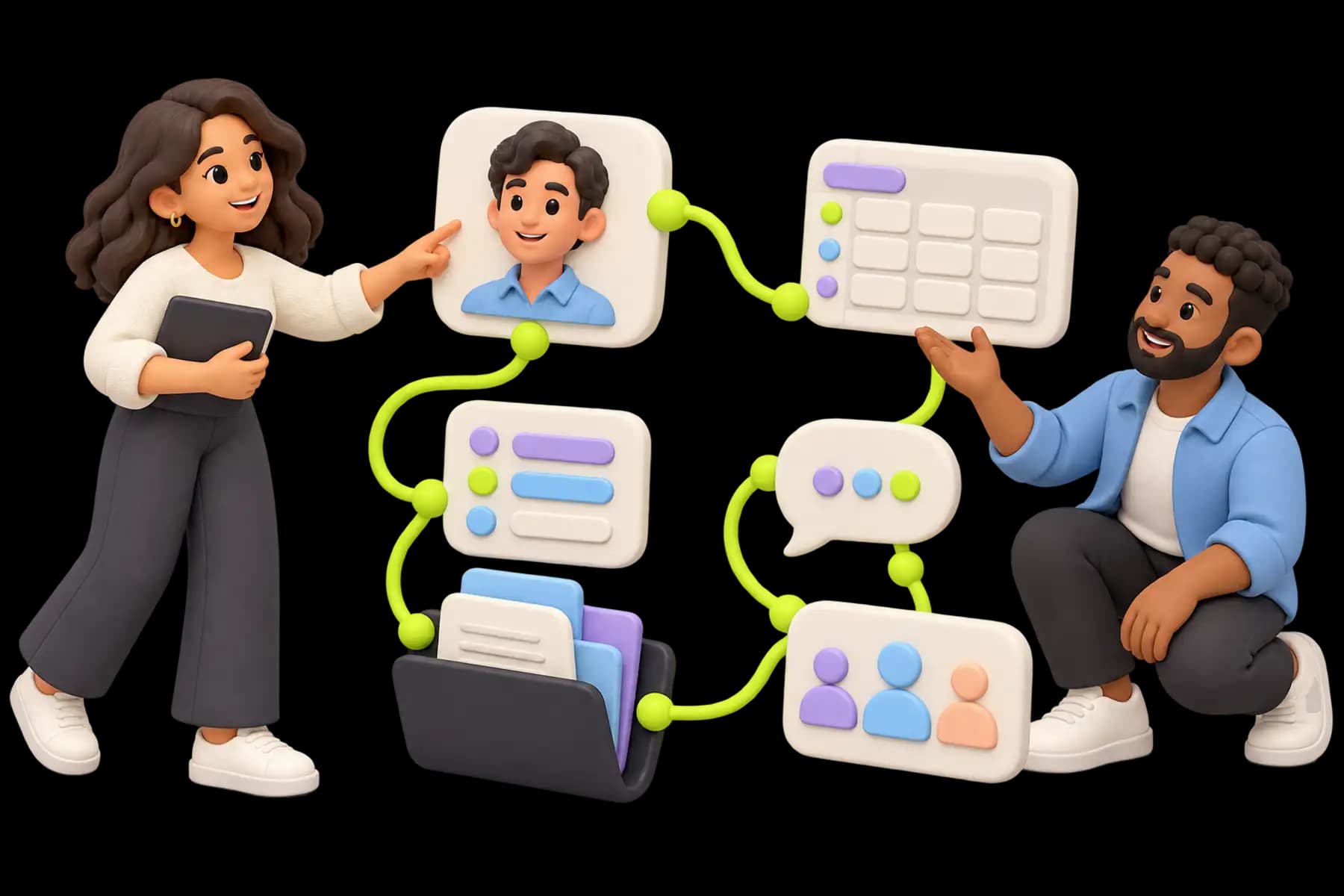 A connected client record, project and shared folder on one side; separate spreadsheet, message and CRM objects on the other, balanced neutrally without a winner podium.