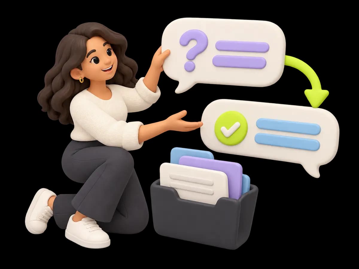 A friendly specialist organizes a question bubble and a clear answer bubble beside a small shared folder, with no call-center headset.