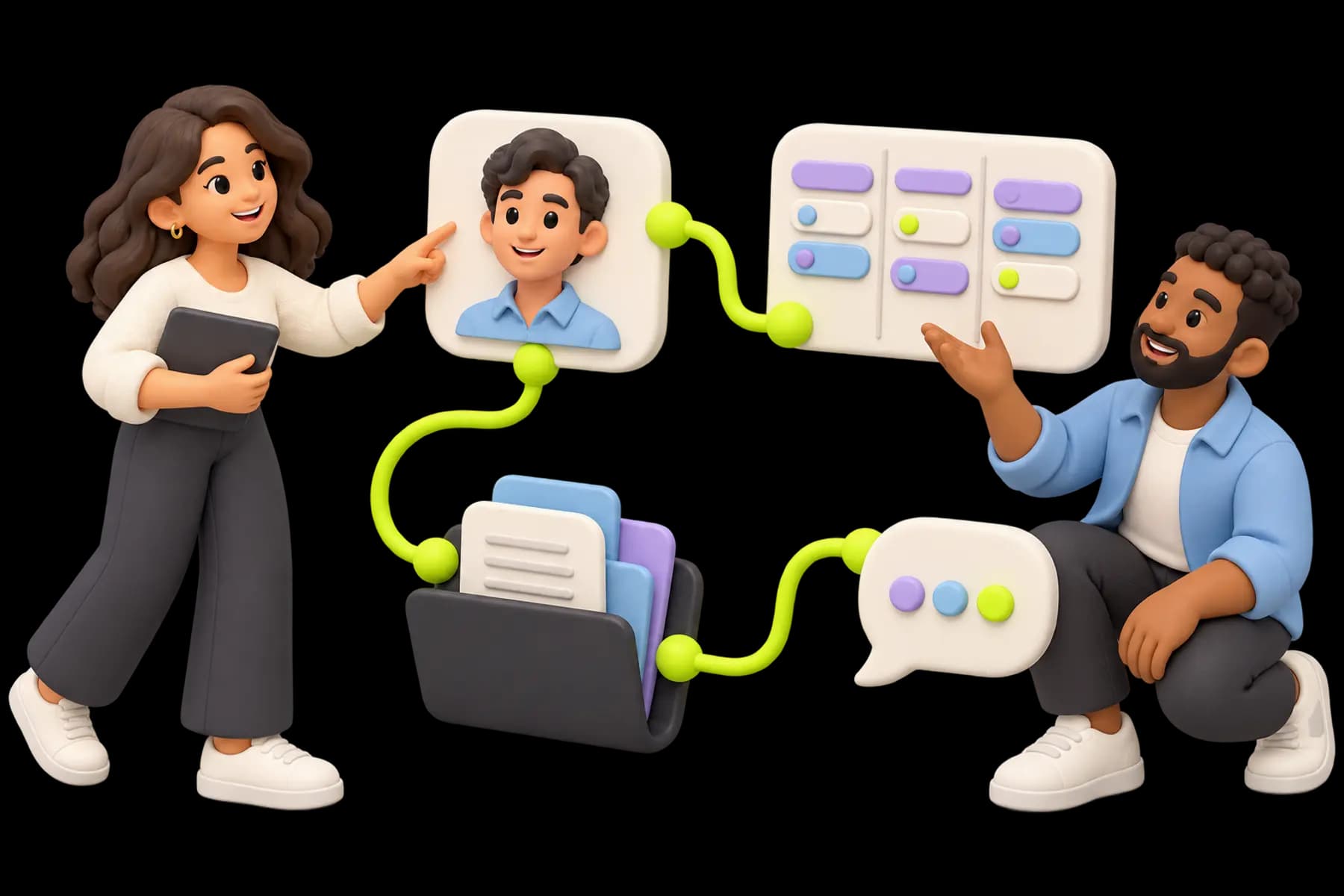 One continuous lime path links an enquiry tile, client portrait, shared folder and delivery board; one colleague guides the sequence.