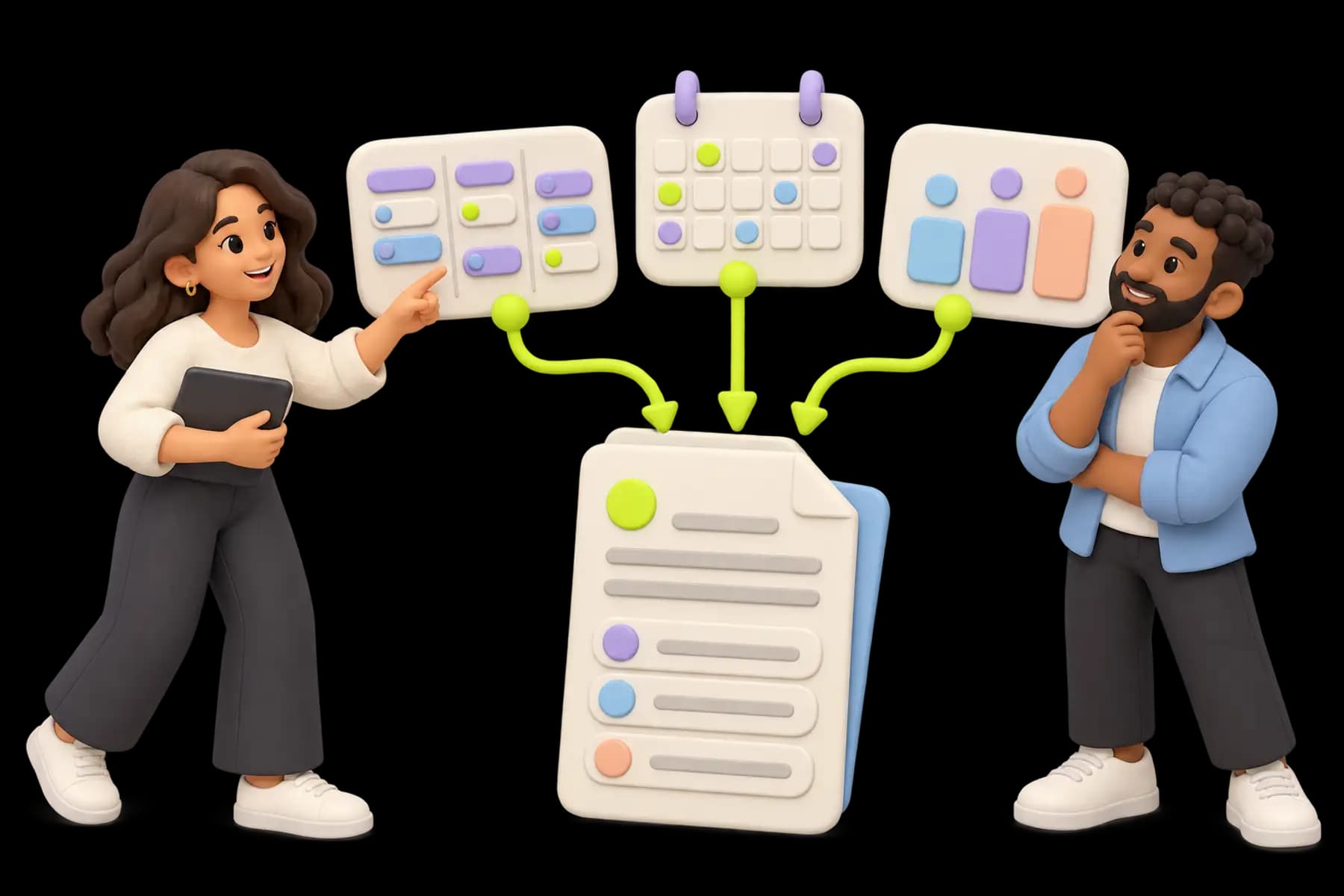 Project, calendar and workload objects converge into one orderly summary document beside a thoughtful colleague; no robot or magic prediction.