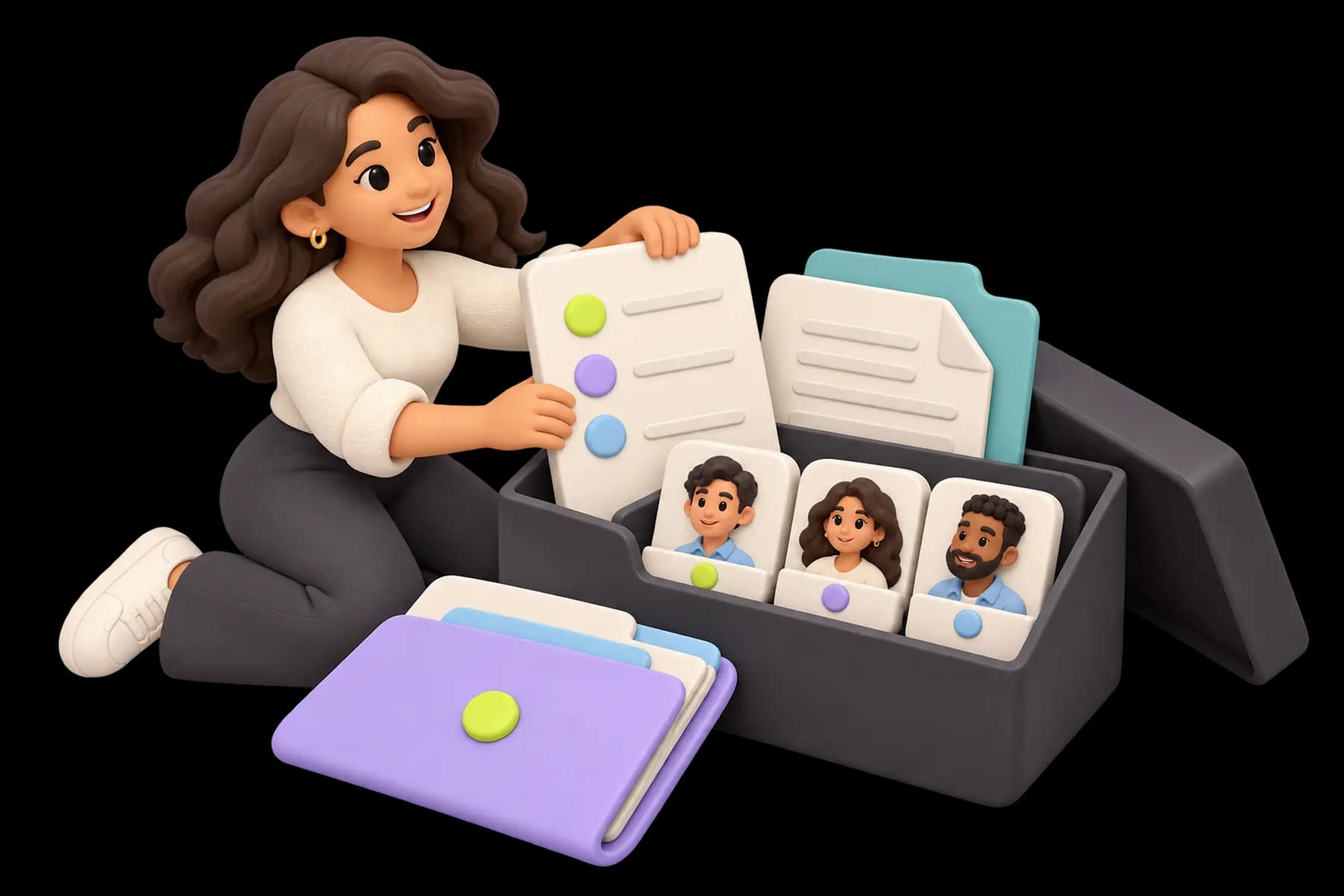 A welcoming organized kit containing a blank checklist, brief document, owner portrait markers and a handoff folder; one colleague prepares it.