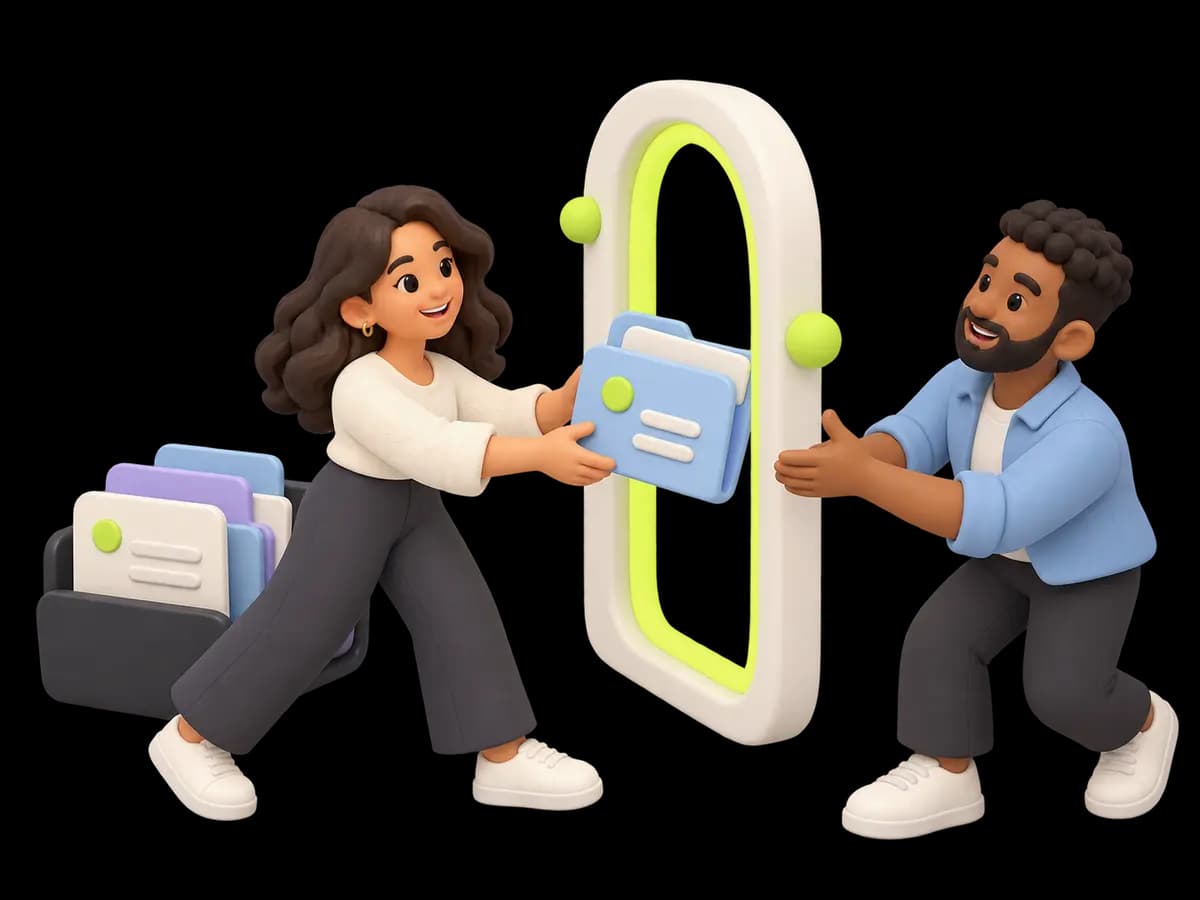 A colleague passes one chosen document folder through a separate portal arch to a client; other work remains on the team side.