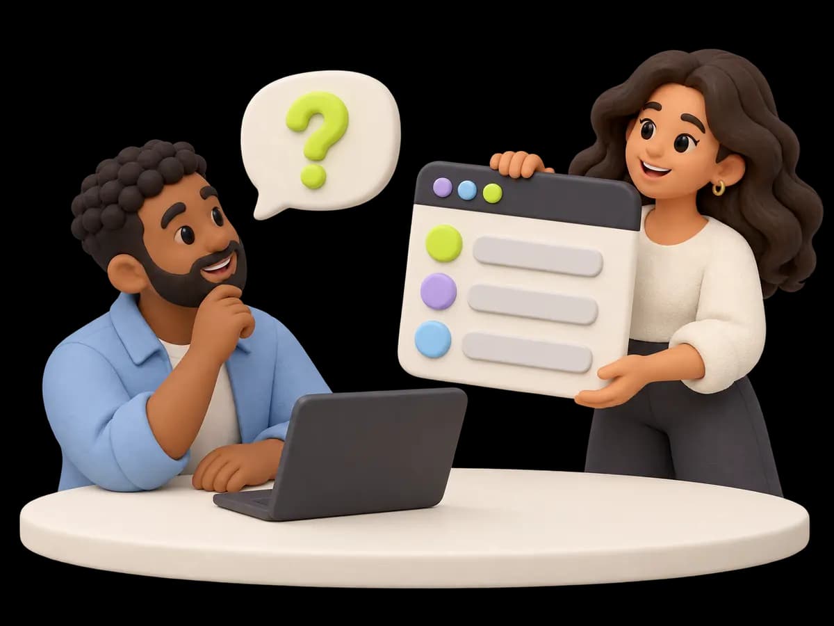 A client with a question bubble looks toward a closed project-status window while a teammate holds the update behind it.