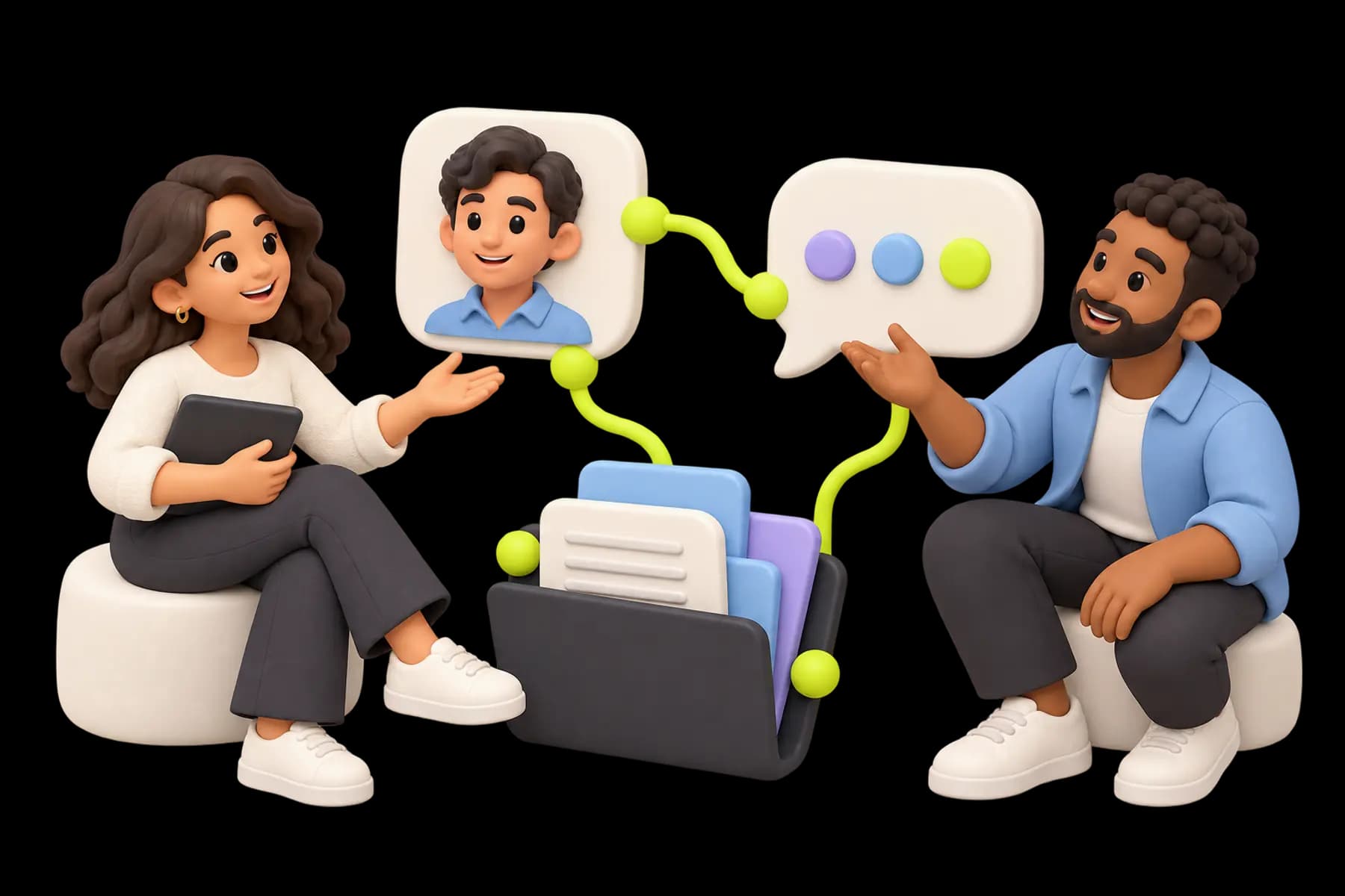 Two colleagues exchange one conversation bubble beside the relevant client portrait folder and shared file.