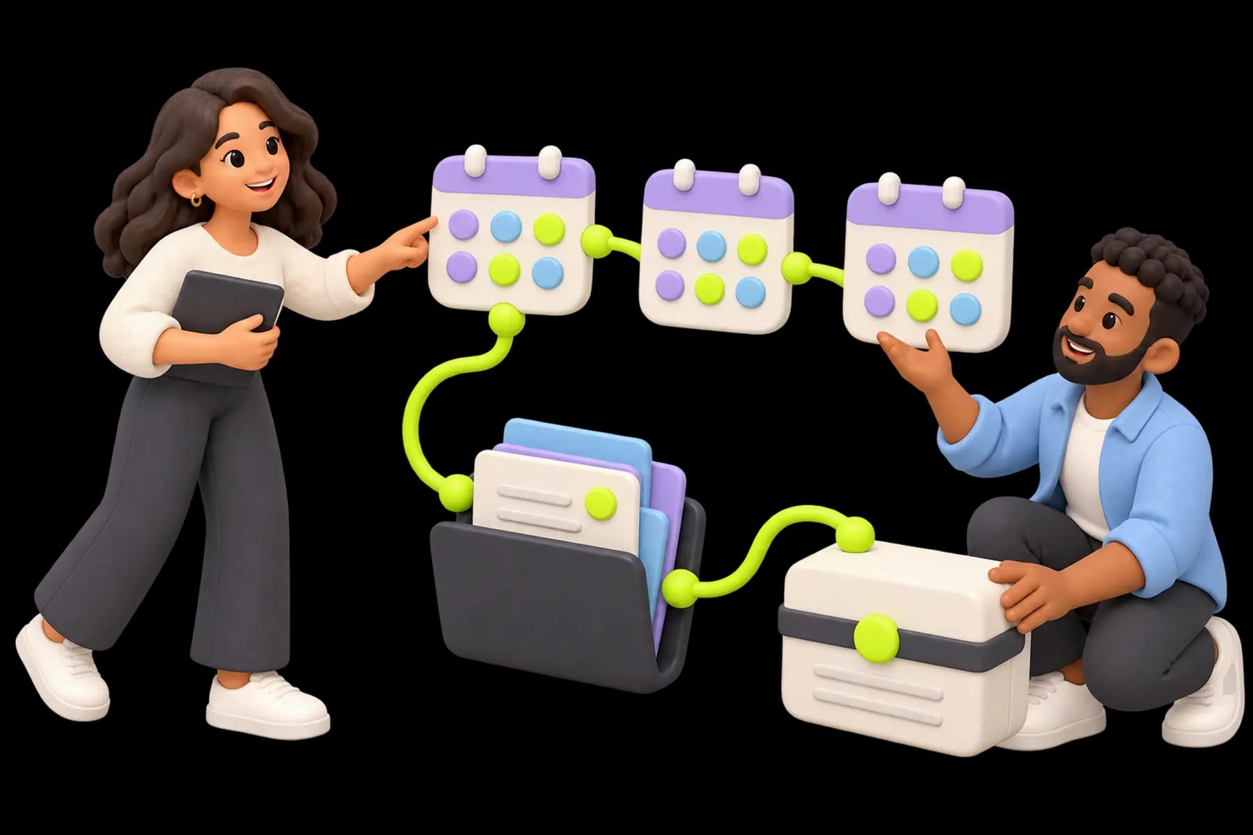 Three repeating service-period calendar tiles link to one client folder and a bounded work package, arranged by a colleague.